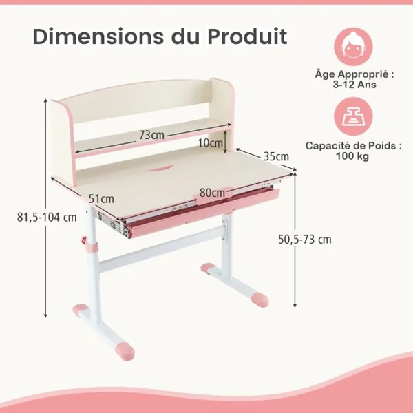 Bureau d'Etude pour Enfants Réglable en Hauteur Plateau Inclinable avec Huche Tiroir Règle de Mesures pour 3-12 Ans Bleu/Rose/Gris