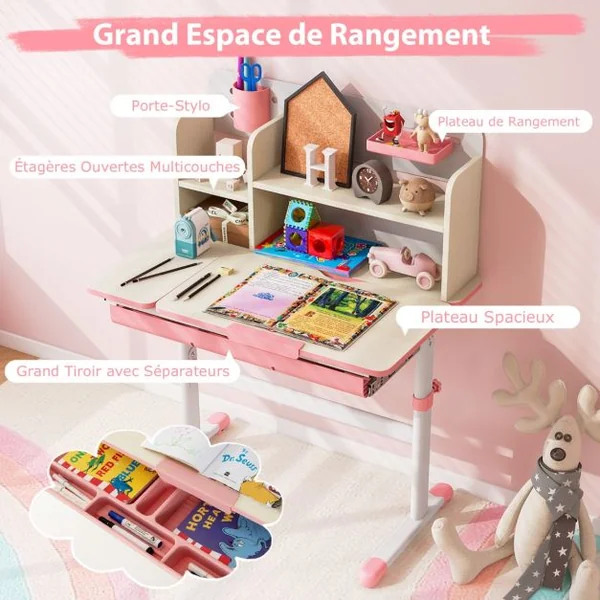 Bureau d'Etude pour Enfants Table d'Ecriture Réglable en Hauteur Plateau Inclinable Bureau Enfants pour 3-12 Ans Bleu/Rose/Gris