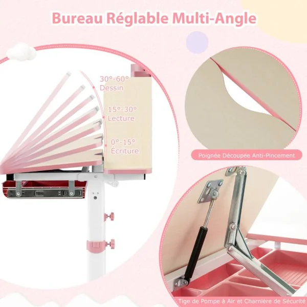 Bureau d'Etude pour Enfants Table d'Ecriture Réglable en Hauteur Plateau Inclinable Bureau Enfants pour 3-12 Ans Bleu/Rose/Gris