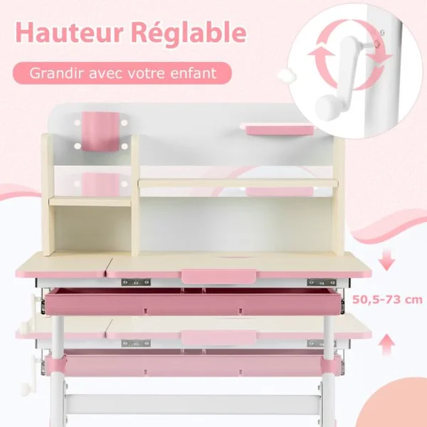 Bureau d'Etude pour Enfants Table d'Ecriture Réglable en Hauteur Plateau Inclinable Bureau Enfants pour 3-12 Ans Bleu/Rose/Gris