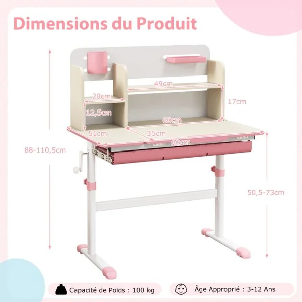 Bureau d'Etude pour Enfants Table d'Ecriture Réglable en Hauteur Plateau Inclinable Bureau Enfants pour 3-12 Ans Bleu/Rose/Gris