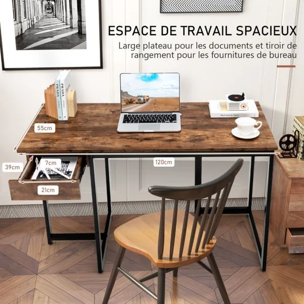 Bureau d'Ordinateur 120*55cm Tiroir Cadre en Métal Repose-pieds Réglables Bureau Moderne Station de Travail pour Ordinateur Portable Café