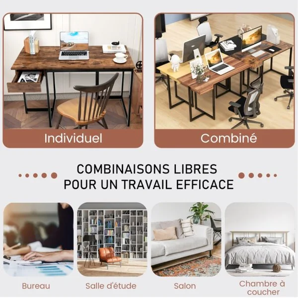 Bureau d'Ordinateur 120*55cm Tiroir Cadre en Métal Repose-pieds Réglables Bureau Moderne Station de Travail pour Ordinateur Portable Café