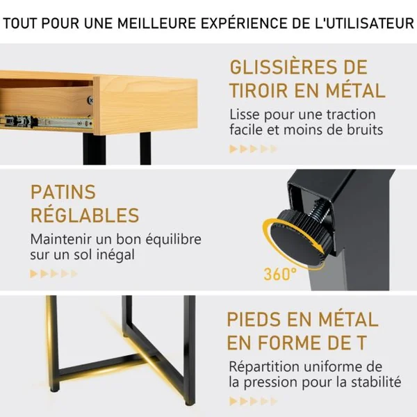 Bureau d'Ordinateur 120*55cm Tiroir Cadre en Métal Repose-pieds Réglables Bureau Moderne Station de Travail pour Ordinateur Portable Naturel