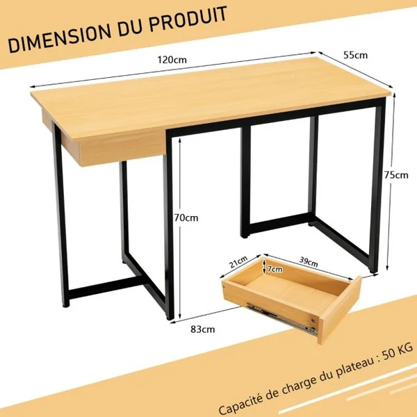 Bureau d'Ordinateur 120*55cm Tiroir Cadre en Métal Repose-pieds Réglables Bureau Moderne Station de Travail pour Ordinateur Portable Naturel