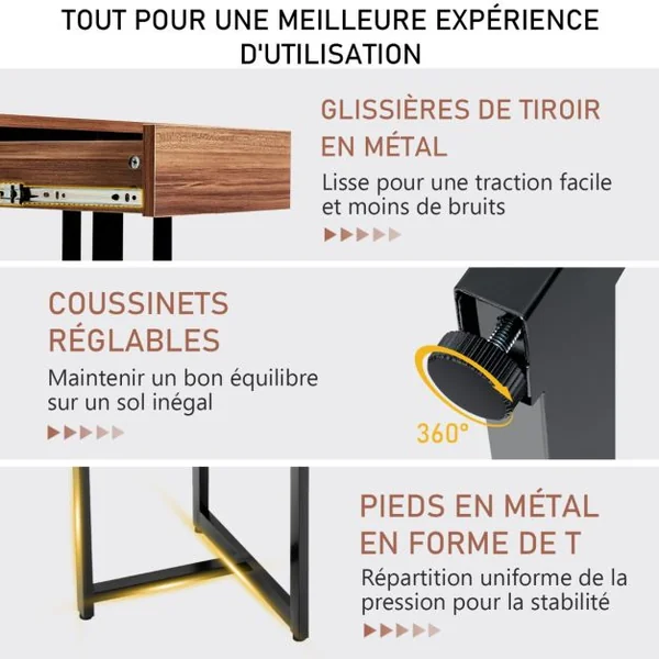 Bureau d'Ordinateur 120*55cm Tiroir Cadre en Métal Repose-pieds Réglables Bureau Moderne Station de Travail pour Ordinateur Portable Noyer