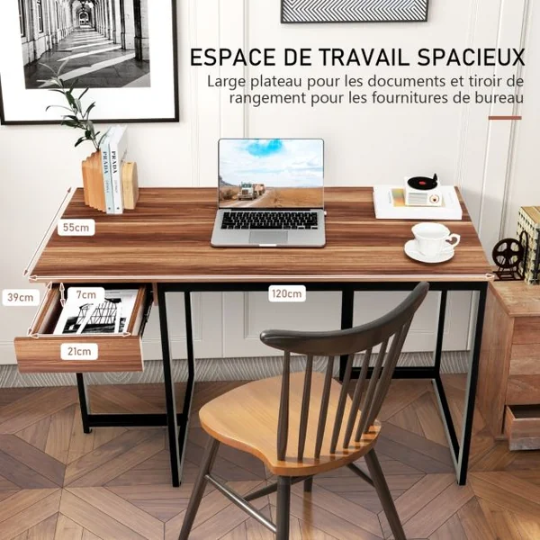 Bureau d'Ordinateur 120*55cm Tiroir Cadre en Métal Repose-pieds Réglables Bureau Moderne Station de Travail pour Ordinateur Portable Noyer