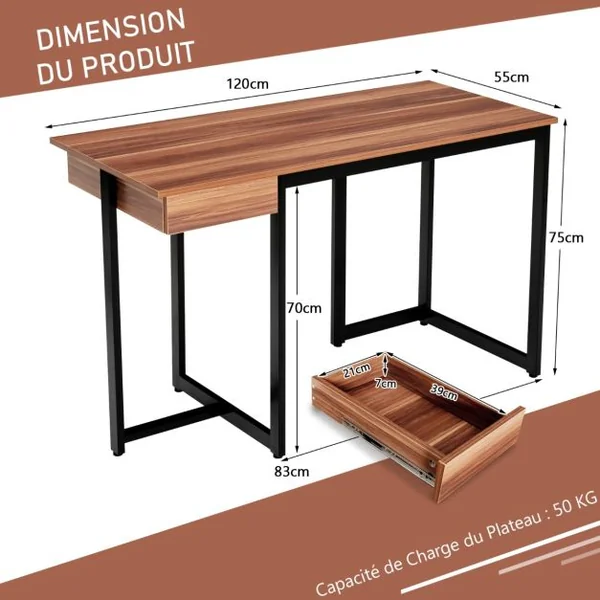 Bureau d'Ordinateur 120*55cm Tiroir Cadre en Métal Repose-pieds Réglables Bureau Moderne Station de Travail pour Ordinateur Portable Noyer