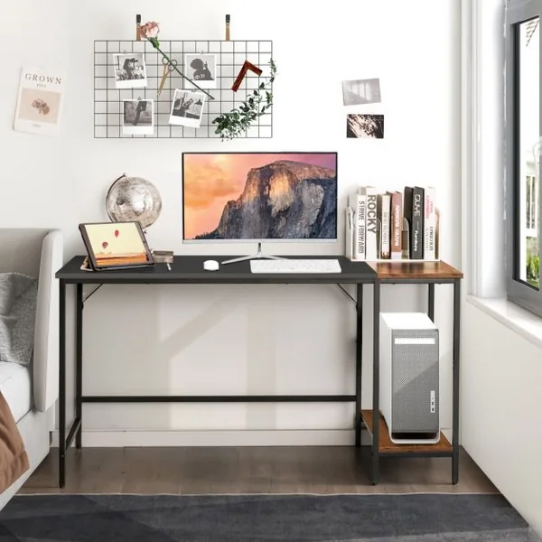 Bureau d'Ordinateur 140cm avec Étagères de Rangement Marron Rustique