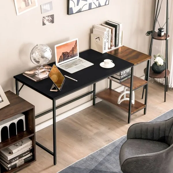 Bureau d'Ordinateur 140cm avec Étagères de Rangement Marron Rustique