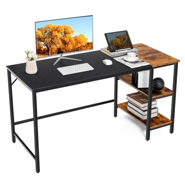 Bureau d'Ordinateur 140cm avec Étagères de Rangement Marron Rustique
