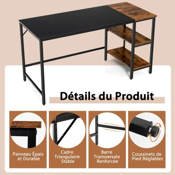 Bureau d'Ordinateur 140cm avec Étagères de Rangement Marron Rustique