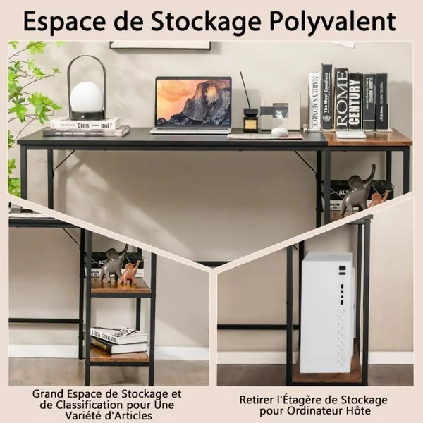 Bureau d'Ordinateur 140cm avec Étagères de Rangement Marron Rustique