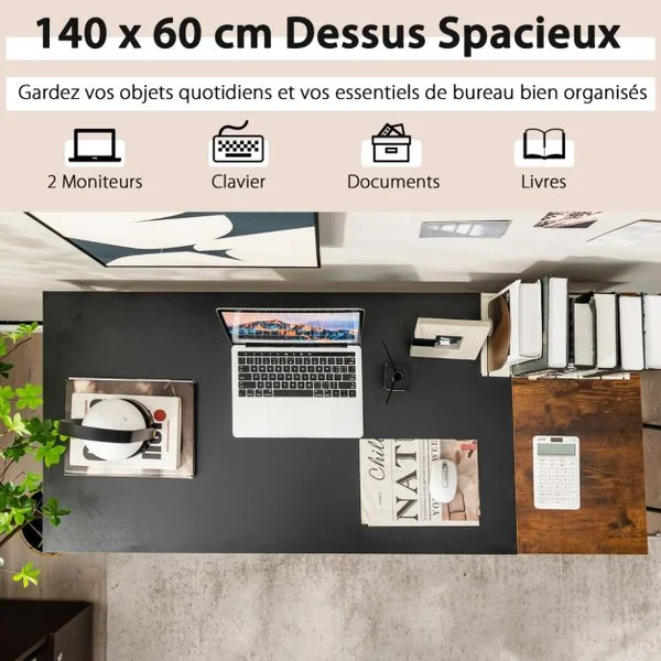 Bureau d'Ordinateur 140cm avec Étagères de Rangement Marron Rustique