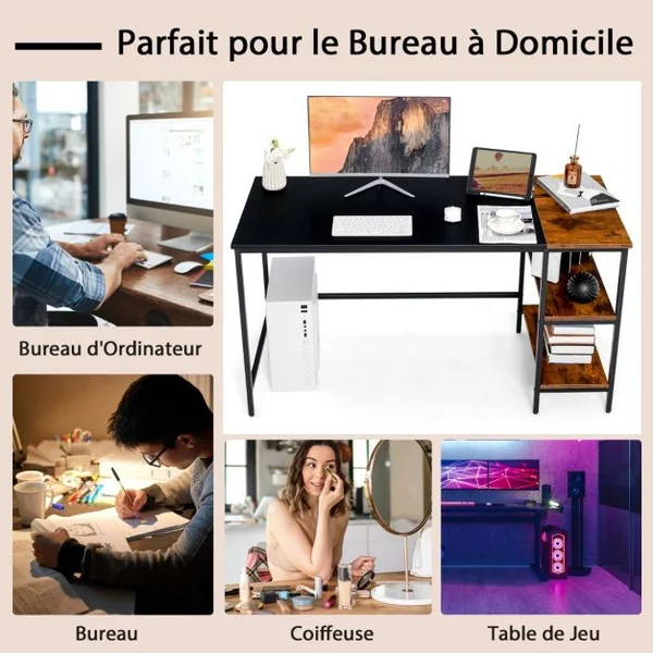 Bureau d'Ordinateur 140cm avec Étagères de Rangement Marron Rustique