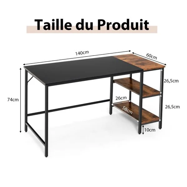 Bureau d'Ordinateur 140cm avec Étagères de Rangement Marron Rustique