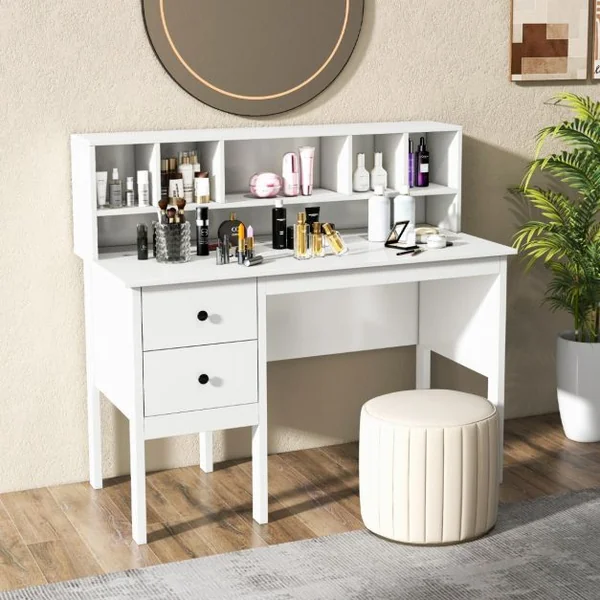 Bureau d'Ordinateur 60 x 120 cm Bureau d'Écriture avec 5 Compartiments et 2 Tiroirs de Rangement Blanc