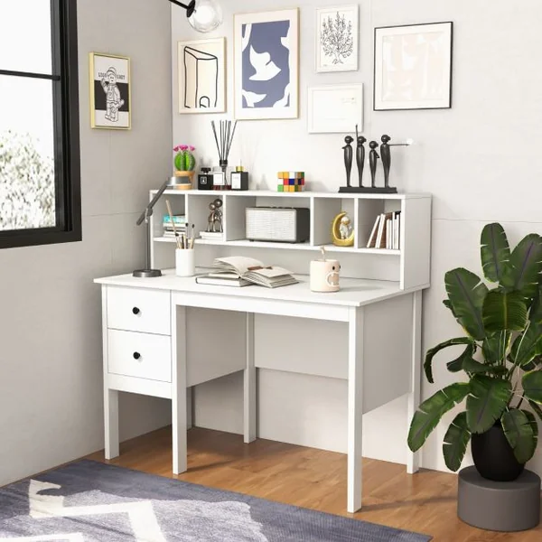 Bureau d'Ordinateur 60 x 120 cm Bureau d'Écriture avec 5 Compartiments et 2 Tiroirs de Rangement Blanc