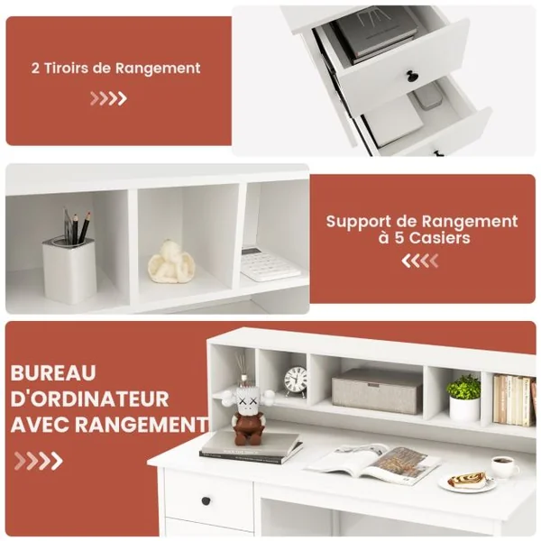 Bureau d'Ordinateur 60 x 120 cm Bureau d'Écriture avec 5 Compartiments et 2 Tiroirs de Rangement Blanc