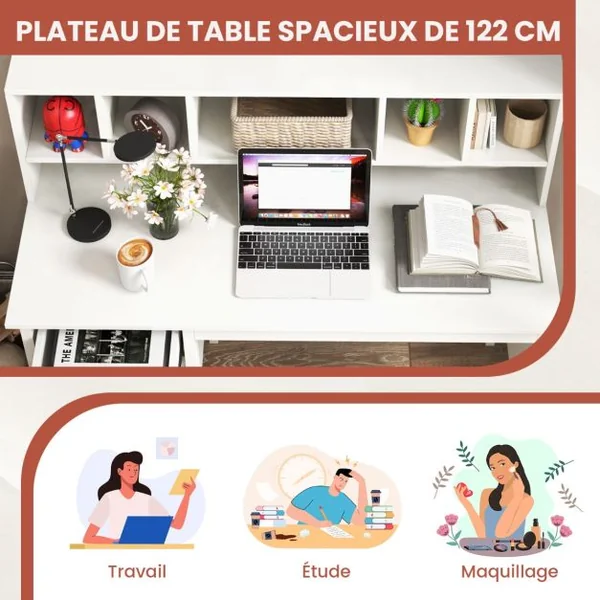 Bureau d'Ordinateur 60 x 120 cm Bureau d'Écriture avec 5 Compartiments et 2 Tiroirs de Rangement Blanc