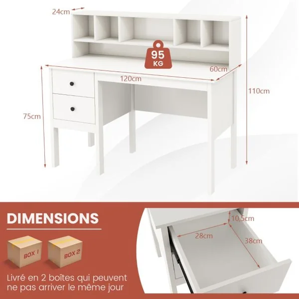 Bureau d'Ordinateur 60 x 120 cm Bureau d'Écriture avec 5 Compartiments et 2 Tiroirs de Rangement Blanc