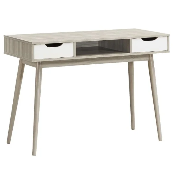 Bureau d'Ordinateur avec 2 Tiroirs de Rangement, Table d'Ordinateur Portable Moderne avec Pieds en Bois Massif Gris