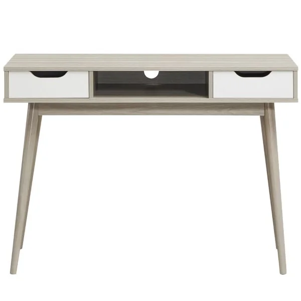 Bureau d'Ordinateur avec 2 Tiroirs de Rangement, Table d'Ordinateur Portable Moderne avec Pieds en Bois Massif Gris