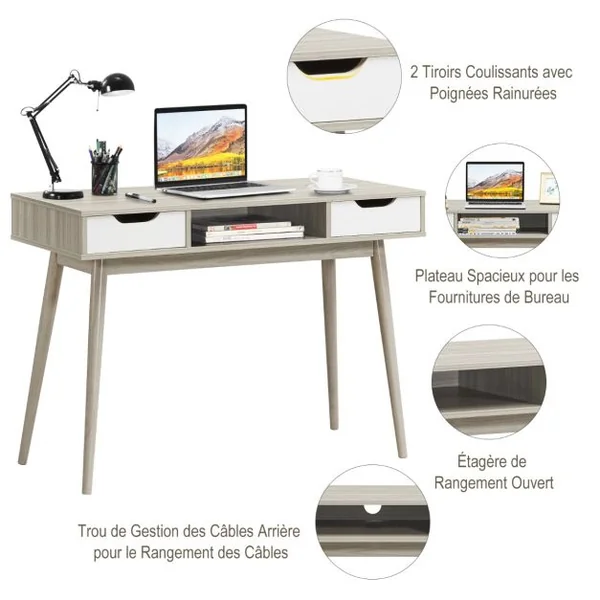 Bureau d'Ordinateur avec 2 Tiroirs de Rangement, Table d'Ordinateur Portable Moderne avec Pieds en Bois Massif Gris