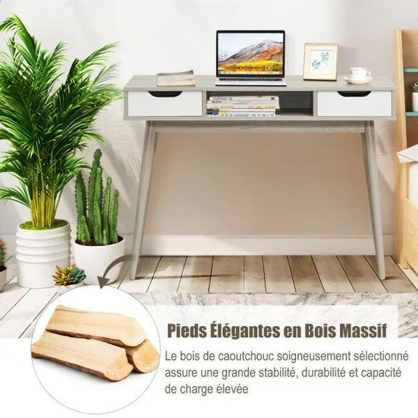 Bureau d'Ordinateur avec 2 Tiroirs de Rangement, Table d'Ordinateur Portable Moderne avec Pieds en Bois Massif Gris