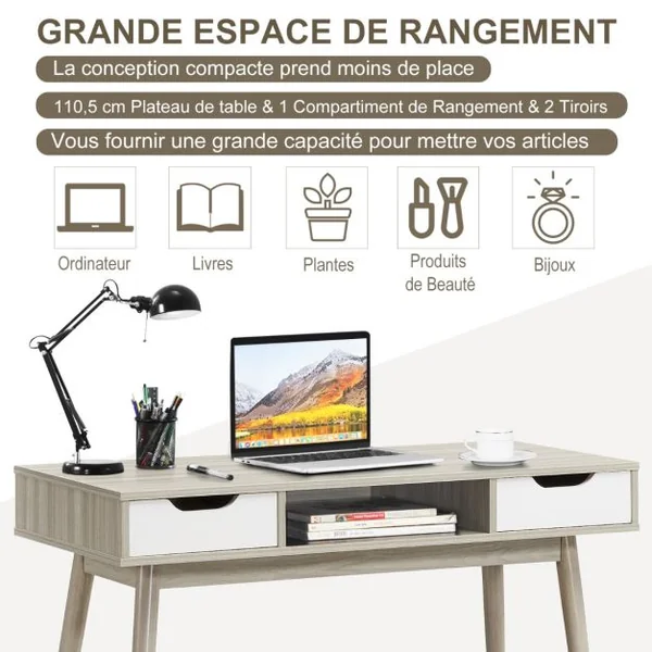 Bureau d'Ordinateur avec 2 Tiroirs de Rangement, Table d'Ordinateur Portable Moderne avec Pieds en Bois Massif Gris