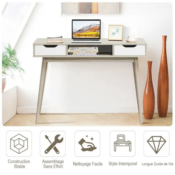 Bureau d'Ordinateur avec 2 Tiroirs de Rangement, Table d'Ordinateur Portable Moderne avec Pieds en Bois Massif Gris