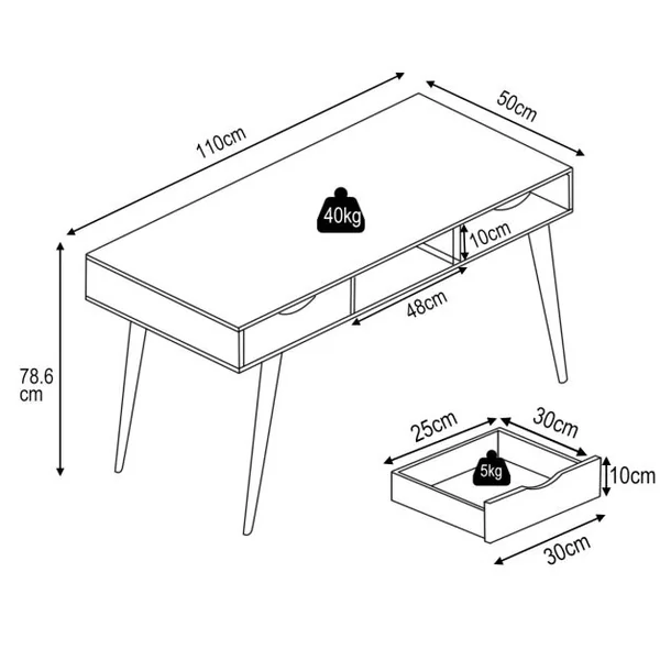 Bureau d'Ordinateur avec 2 Tiroirs de Rangement, Table d'Ordinateur Portable Moderne avec Pieds en Bois Massif Gris