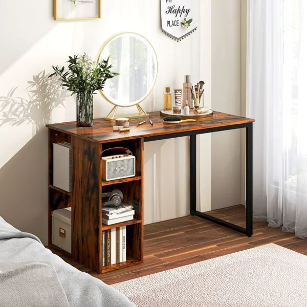 Bureau d'Ordinateur avec Bibliothèque Bureau Informatique avec 5 Compartiments Cadre en Métal Table d'Ordinateur 115 x 59,5 x 75 cm Marron