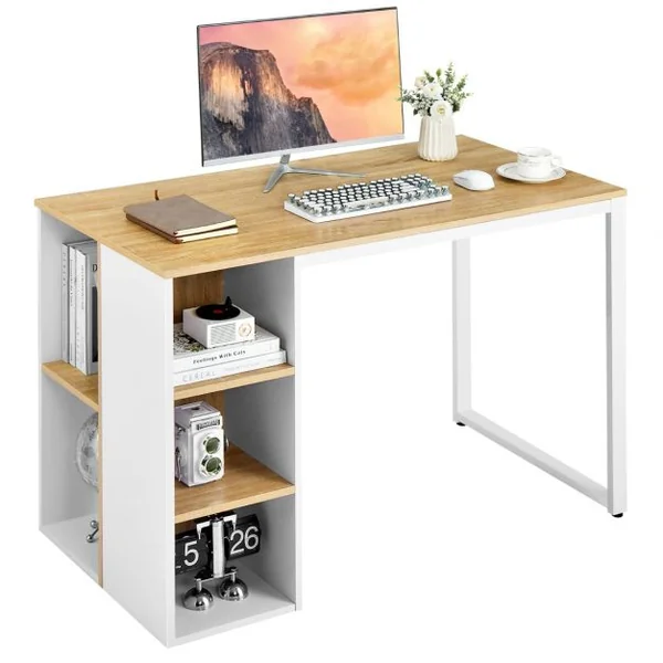 Bureau d'Ordinateur avec Bibliothèque Bureau Informatique avec 5 Compartiments Cadre en Métal Table d'Ordinateur 115 x 59,5 x 75 cm Marron