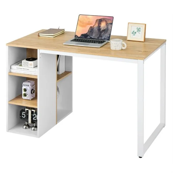 Bureau d'Ordinateur avec Bibliothèque Bureau Informatique avec 5 Compartiments Cadre en Métal Table d'Ordinateur 115 x 59,5 x 75 cm Marron