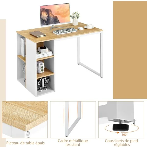 Bureau d'Ordinateur avec Bibliothèque Bureau Informatique avec 5 Compartiments Cadre en Métal Table d'Ordinateur 115 x 59,5 x 75 cm Marron