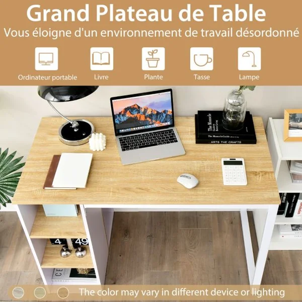 Bureau d'Ordinateur avec Bibliothèque Bureau Informatique avec 5 Compartiments Cadre en Métal Table d'Ordinateur 115 x 59,5 x 75 cm Marron