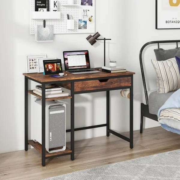Bureau d'Ordinateur avec Tiroir Poste de Travail Informatique Industriel de 100 Cm avec Étagère Réglable avec Crochets Brun Rustique