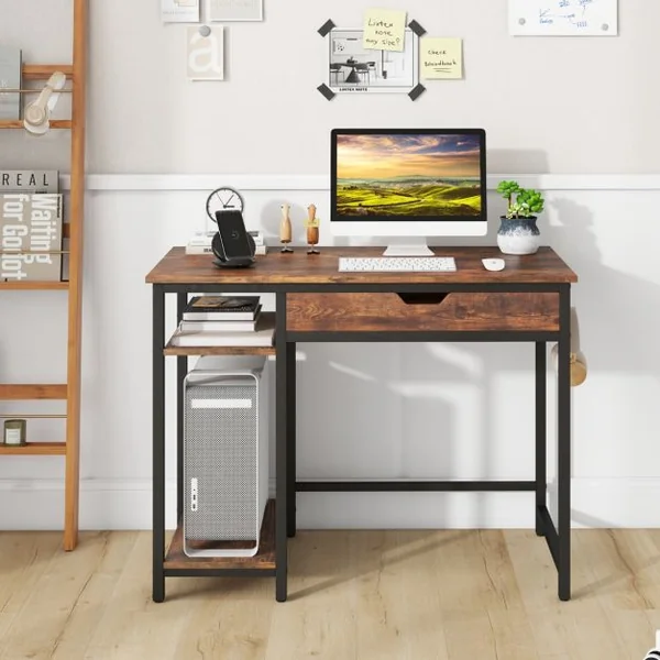 Bureau d'Ordinateur avec Tiroir Poste de Travail Informatique Industriel de 100 Cm avec Étagère Réglable avec Crochets Brun Rustique
