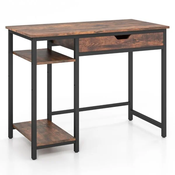 Bureau d'Ordinateur avec Tiroir Poste de Travail Informatique Industriel de 100 Cm avec Étagère Réglable avec Crochets Brun Rustique