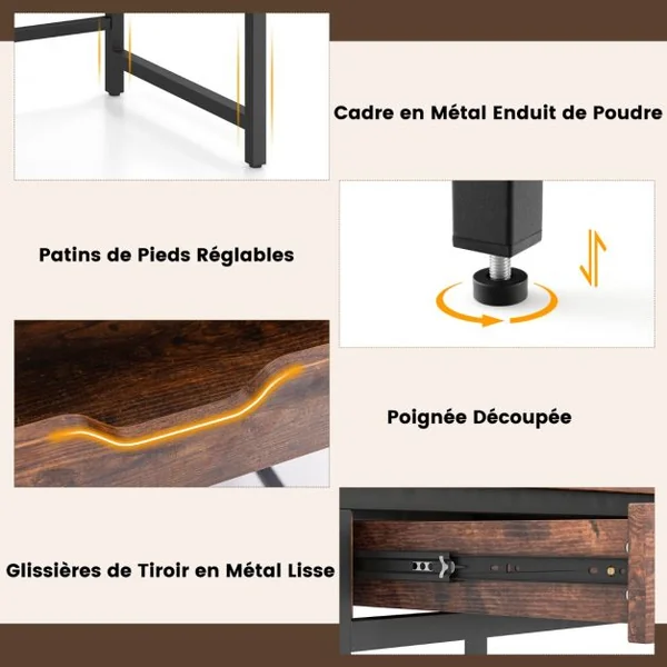 Bureau d'Ordinateur avec Tiroir Poste de Travail Informatique Industriel de 100 Cm avec Étagère Réglable avec Crochets Brun Rustique