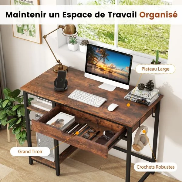 Bureau d'Ordinateur avec Tiroir Poste de Travail Informatique Industriel de 100 Cm avec Étagère Réglable avec Crochets Brun Rustique