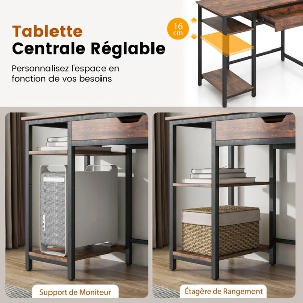 Bureau d'Ordinateur avec Tiroir Poste de Travail Informatique Industriel de 100 Cm avec Étagère Réglable avec Crochets Brun Rustique