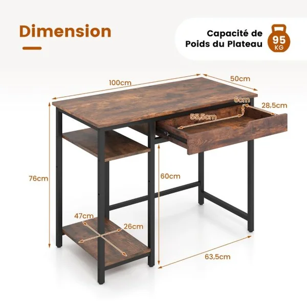 Bureau d'Ordinateur avec Tiroir Poste de Travail Informatique Industriel de 100 Cm avec Étagère Réglable avec Crochets Brun Rustique