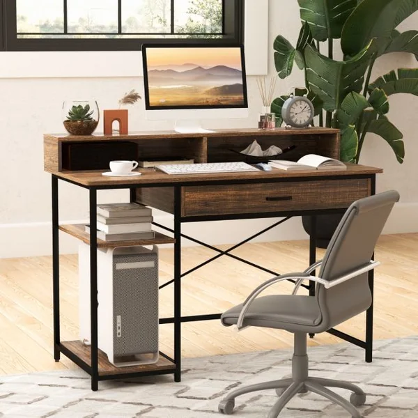 Bureau d'Ordinateur avec Étagère & Tiroir 120 x 56 x 90,5 cm Marron