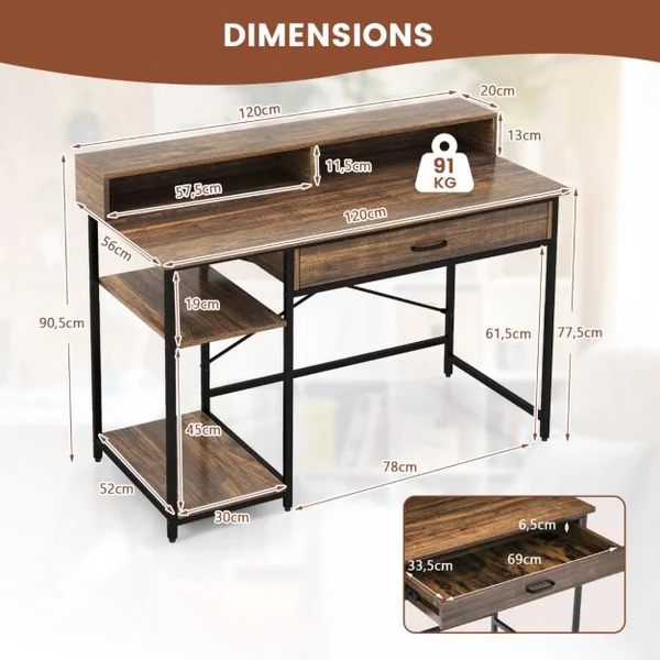 Bureau d'Ordinateur avec Étagère & Tiroir 120 x 56 x 90,5 cm Marron
