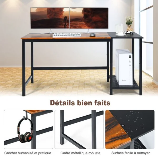 Bureau d'Ordinateur Bureau Informatique avec 2 Étagères de Stockage et Crochet pour Casque 150x60x74cm Noir+Brun Rustique