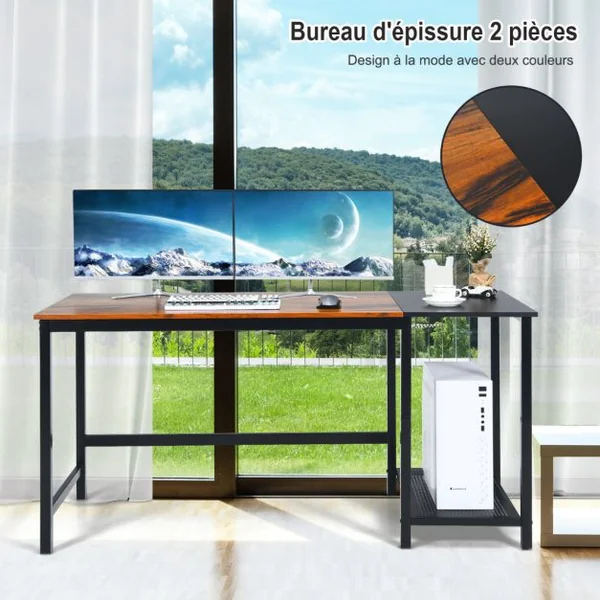 Bureau d'Ordinateur Bureau Informatique avec 2 Étagères de Stockage et Crochet pour Casque 150x60x74cm Noir+Brun Rustique