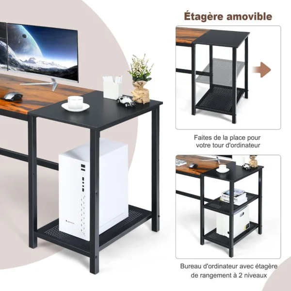 Bureau d'Ordinateur Bureau Informatique avec 2 Étagères de Stockage et Crochet pour Casque 150x60x74cm Noir+Brun Rustique