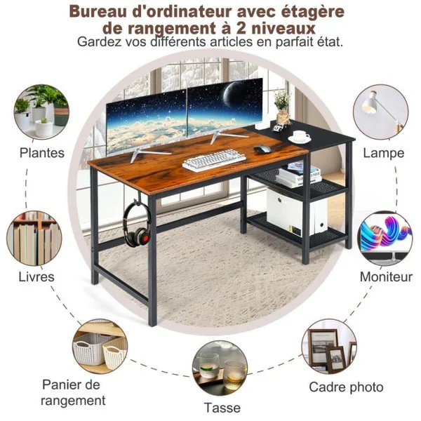 Bureau d'Ordinateur Bureau Informatique avec 2 Étagères de Stockage et Crochet pour Casque 150x60x74cm Noir+Brun Rustique